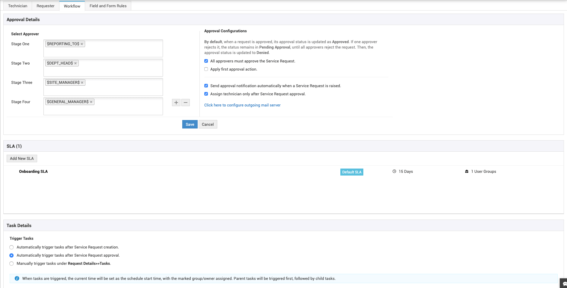Onboarding service technical view with workflows and SLAs Technical service view of onboarding in ServiceDesk Plus