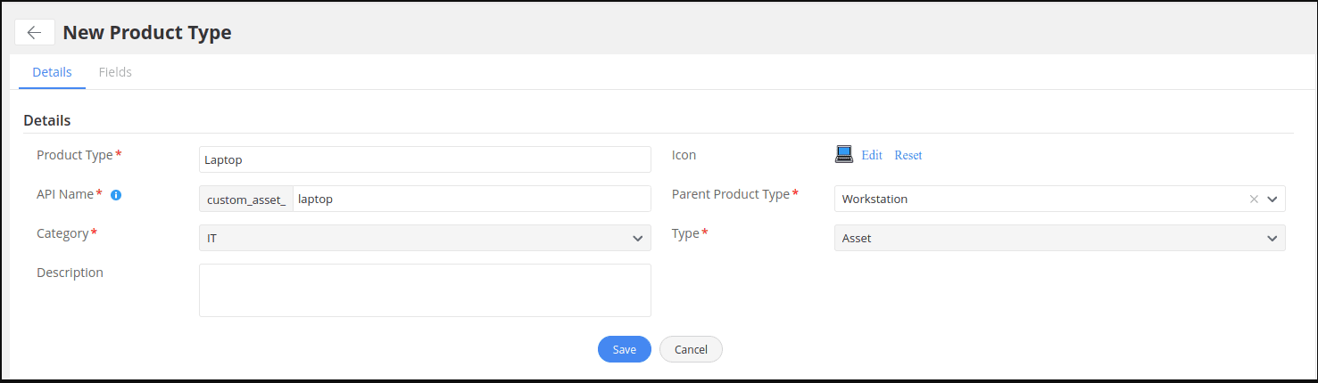 Screenshot of New Product Type