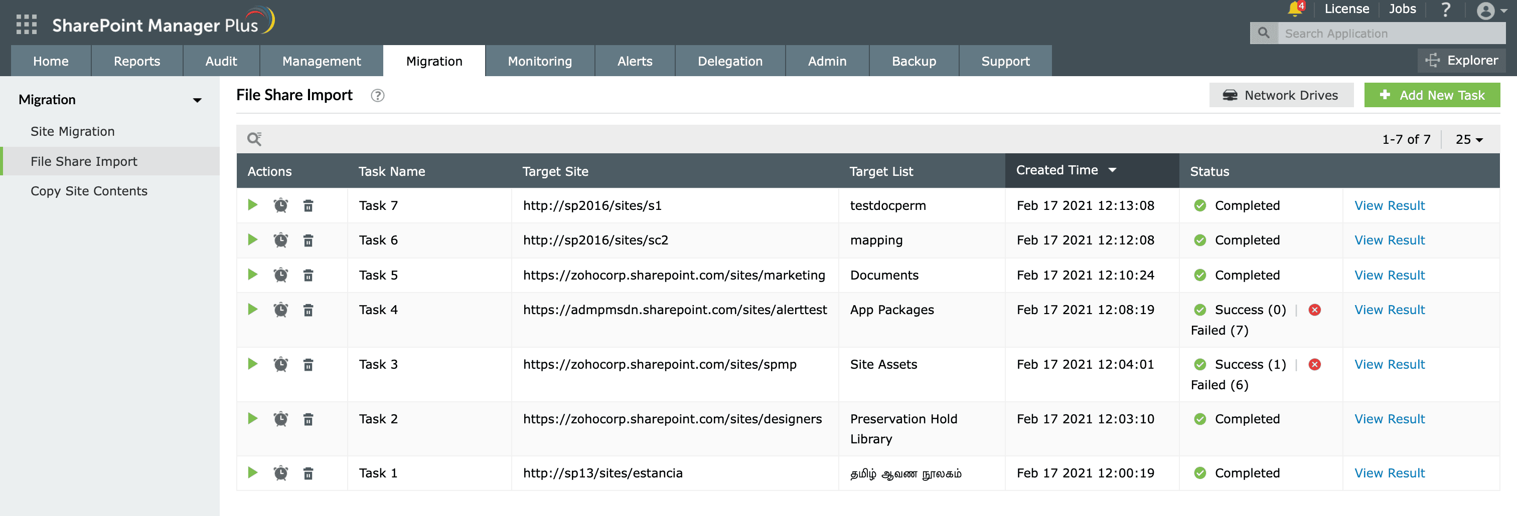 Monitoring a file upload task to SharePoint in SharePoint Manager Plus.