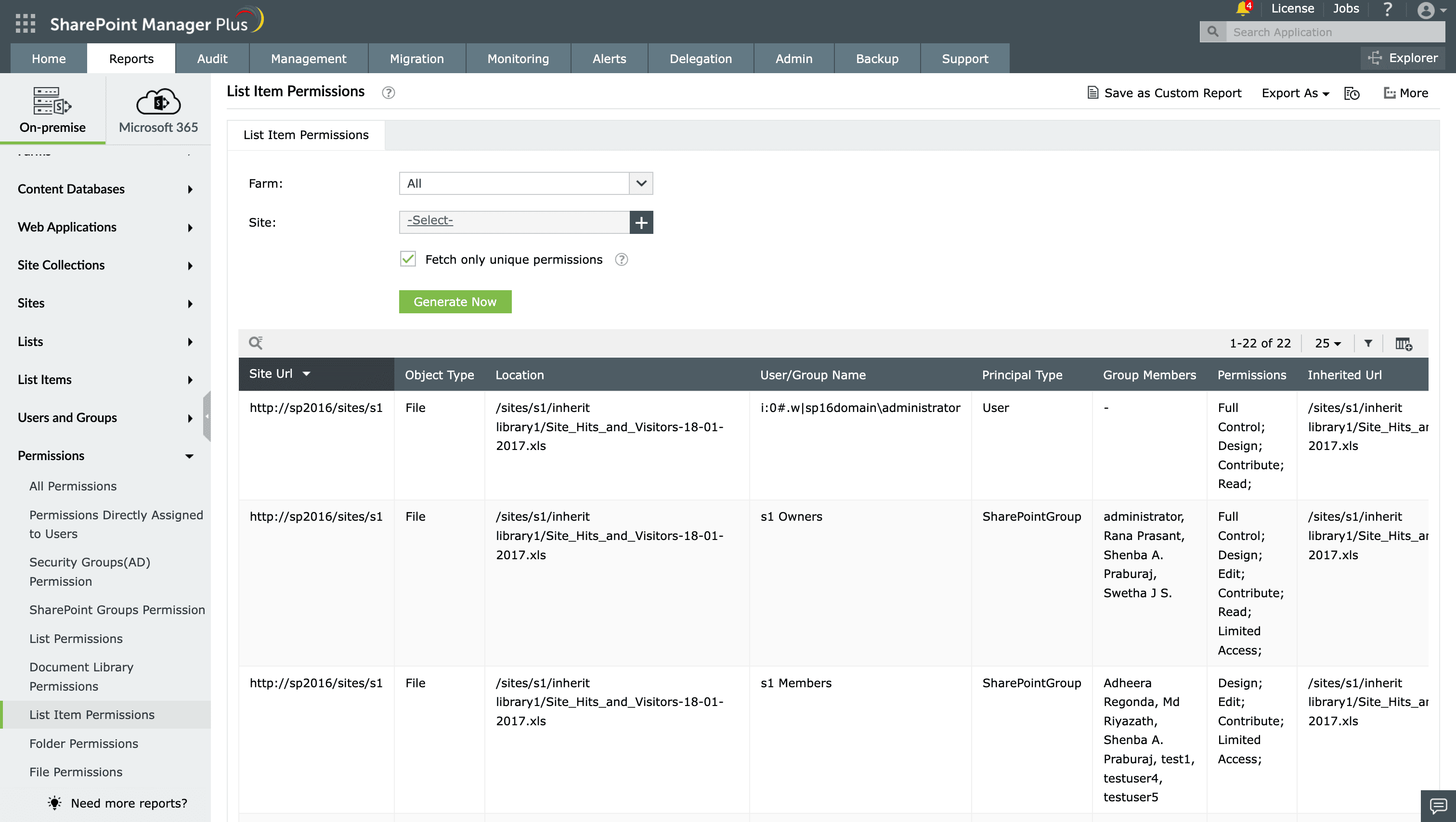 The List Item Permissions report in SharePoint Manager Plus
