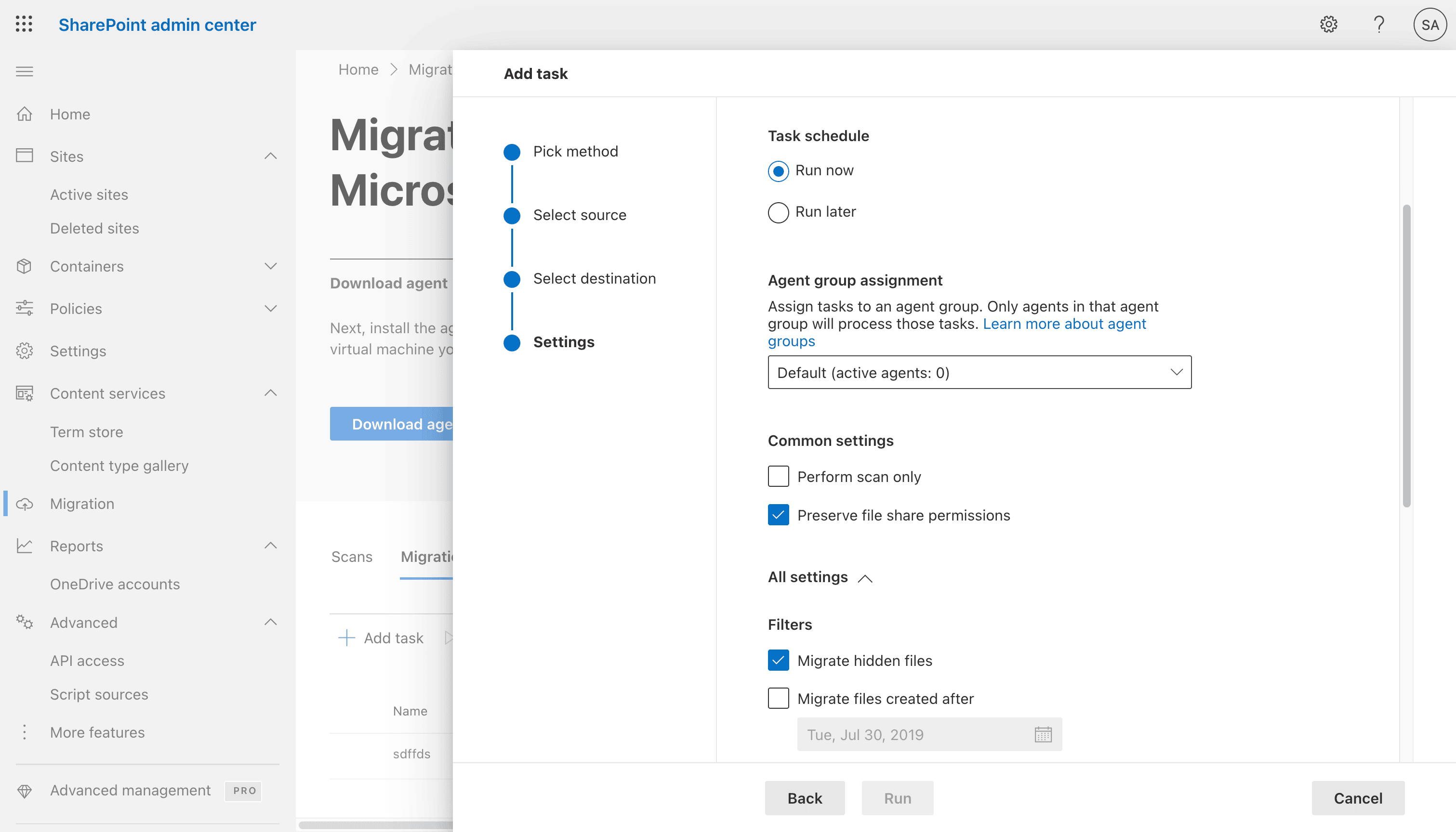 Modifying task settings in Migration Manager.