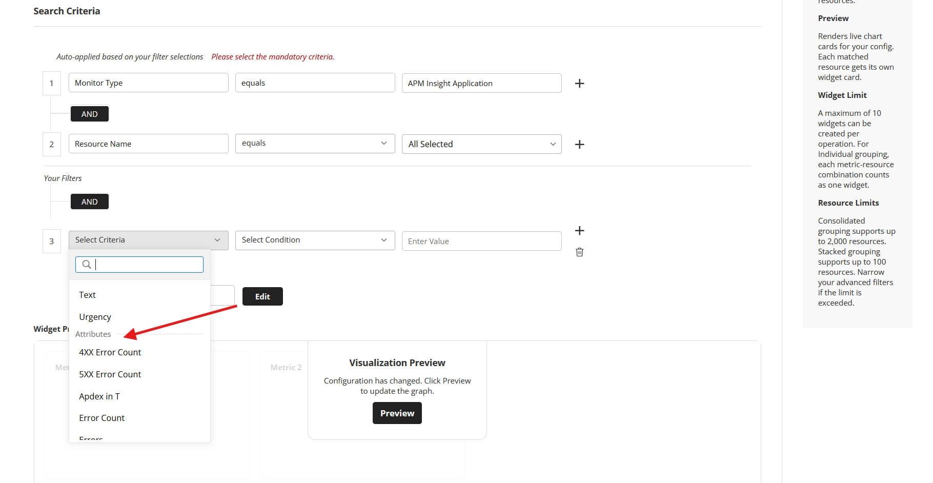 APM Insight Business Transaction widget: Search Criteria in Advanced Filters with the Attributes group listed in the Select Criteria dropdown