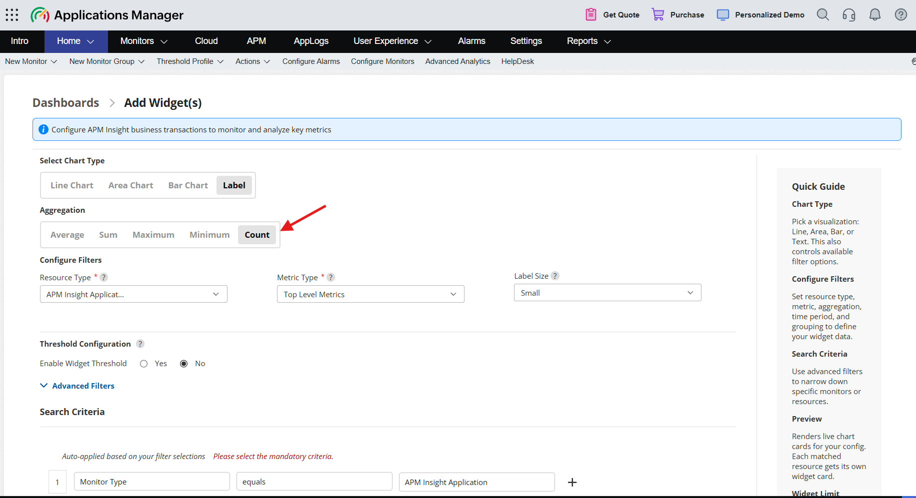 APM Insight Business Transaction widget: Label chart type with the Count aggregation selected in the Widget Builder