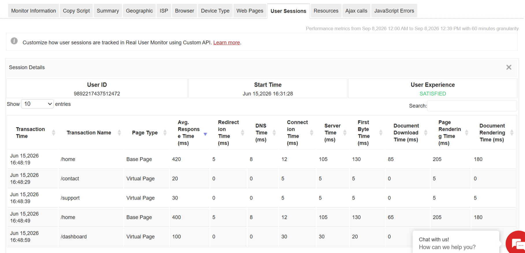 Applications Manager Real User Monitoring (RUM): Viewing User Sessions