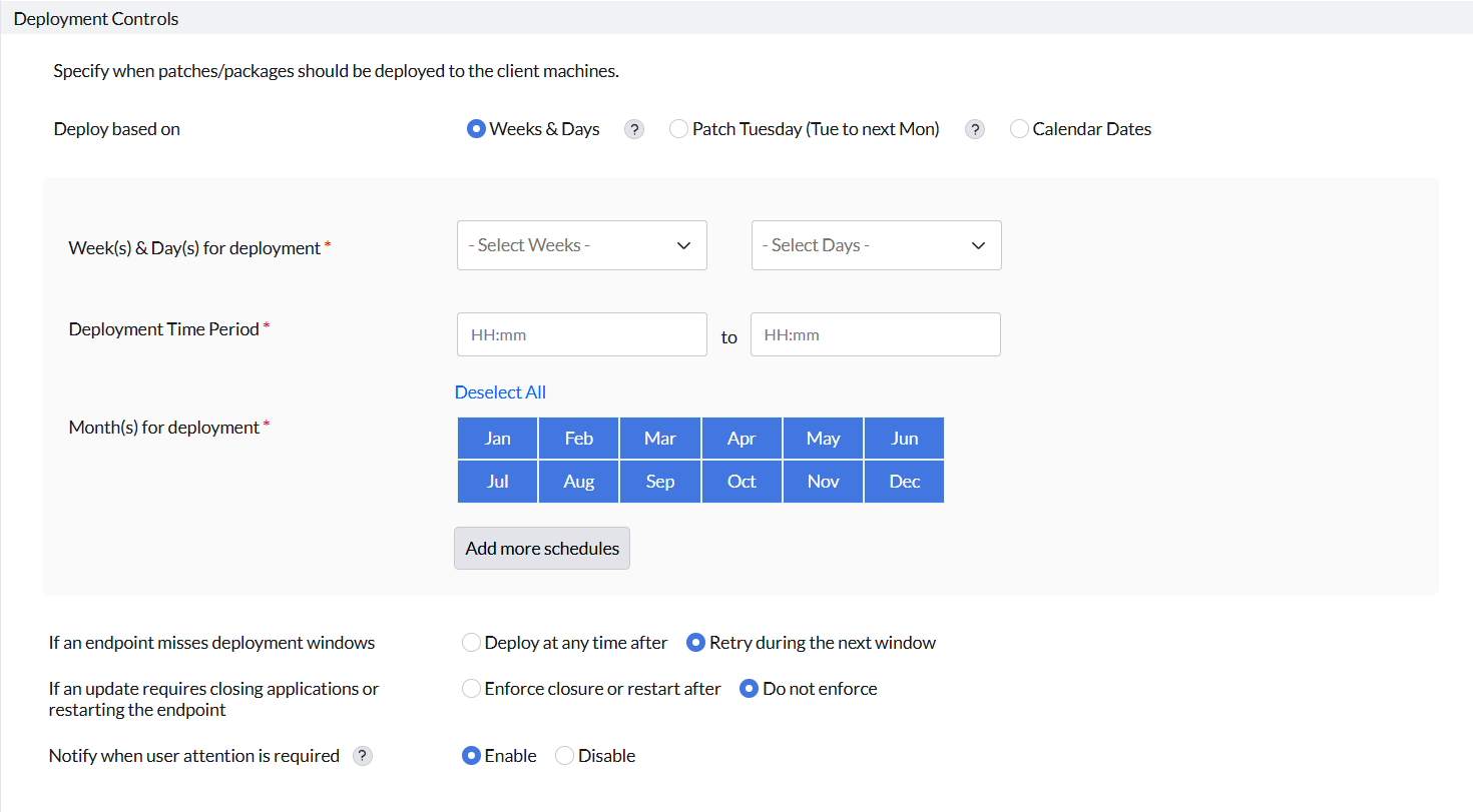 Mac Deployment Controls showing the scheduling mode, selected weeks and days, deployment time period, and deployment months