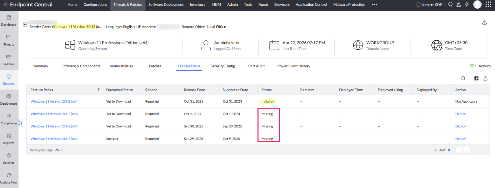Feature Pack installation details including deployment status and reboot requirement