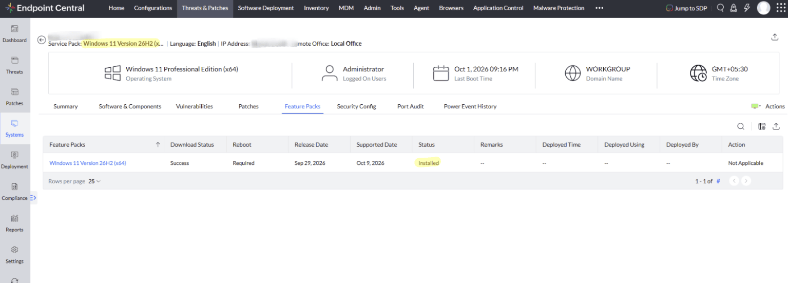 Feature Packs tab displaying feature pack installation and deployment status for a target computer