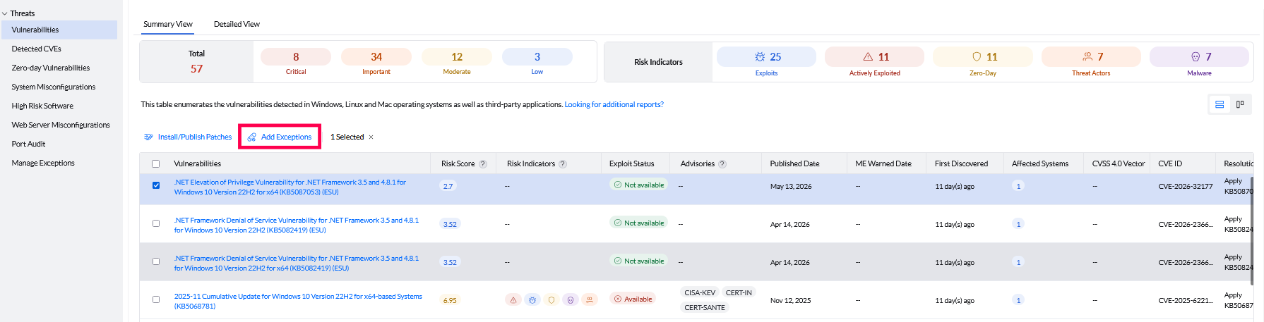 Adding Exceptions Threats view showing the Add Exceptions button for selecting vulnerabilities, misconfigurations, or high-risk software to exclude