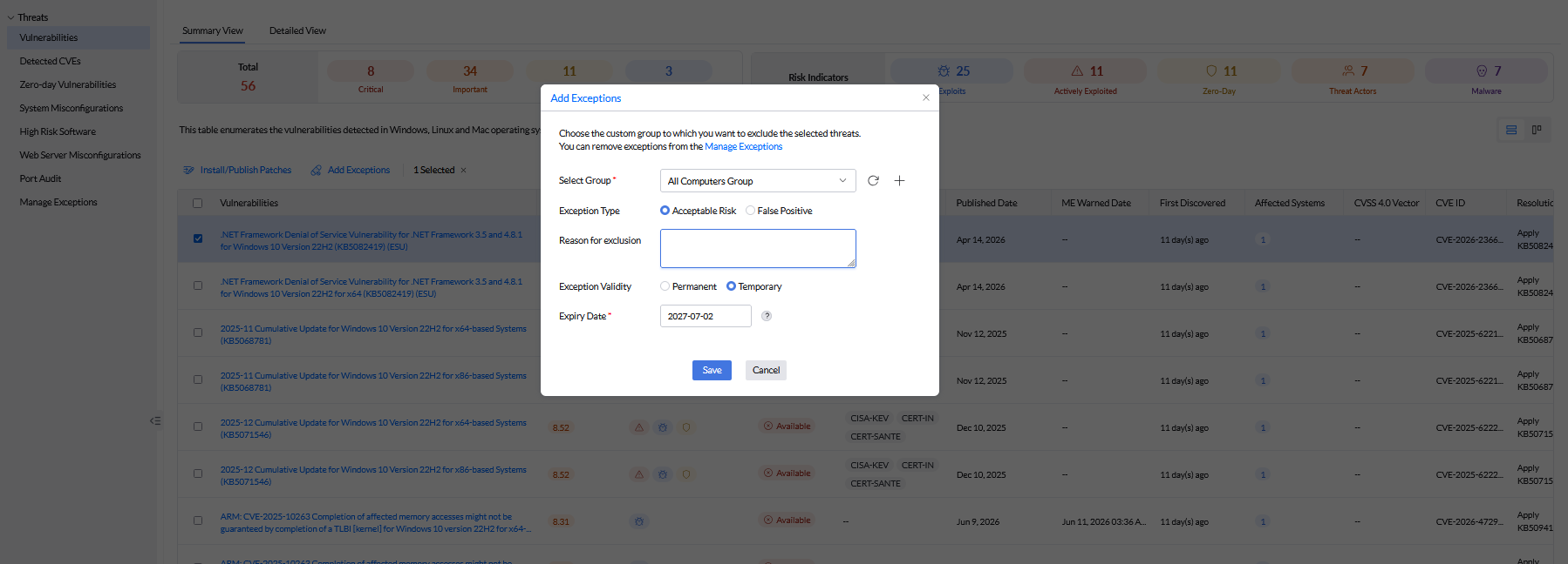 Exception Reason Exception configuration panel showing exception type selection, reason for exclusion field, and exception validity options