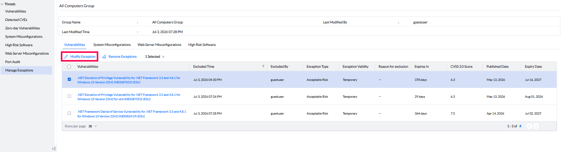 Manage Exceptions Manage Exceptions view showing excluded items with details including exception type, validity, reason, and expiry date