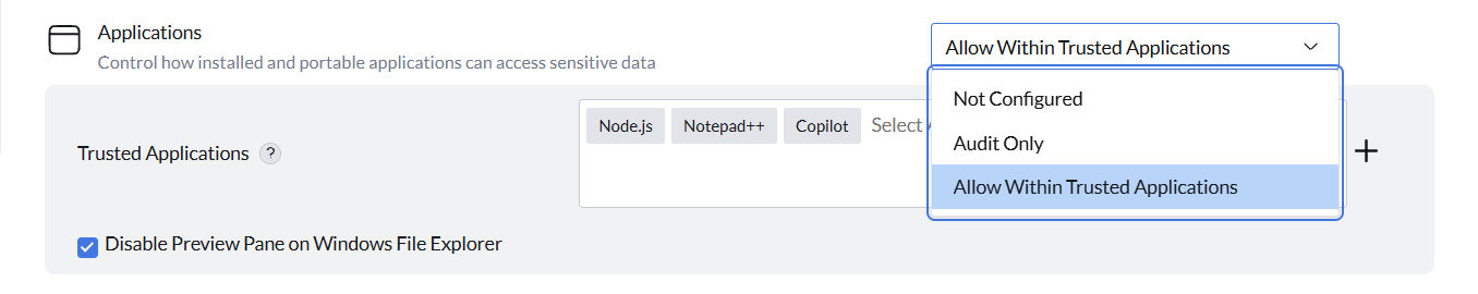 Applications Applications policy settings showing Not Configured, Audit Only, and Allow Within Trusted Applications options