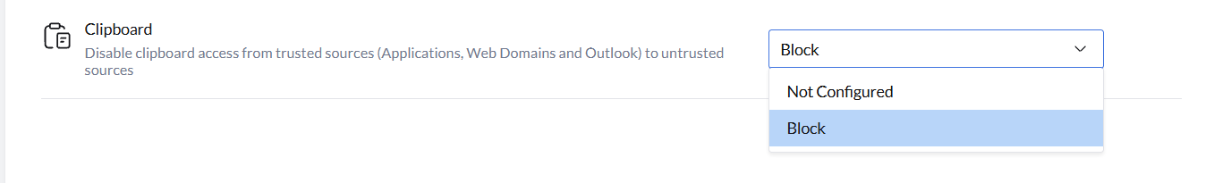 Clipboard Restrictions Clipboard Restrictions policy settings showing options to restrict clipboard access between trusted and untrusted applications