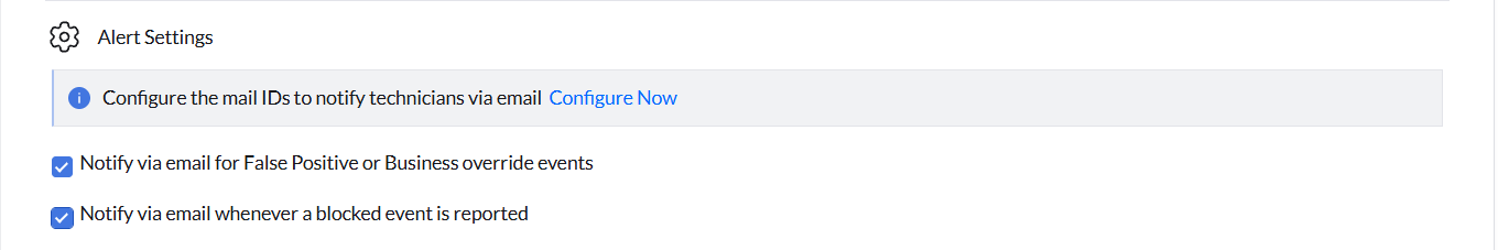 Configuring Email Alerts Mail Configuration settings showing the option to configure email notifications for business overrides and false positives