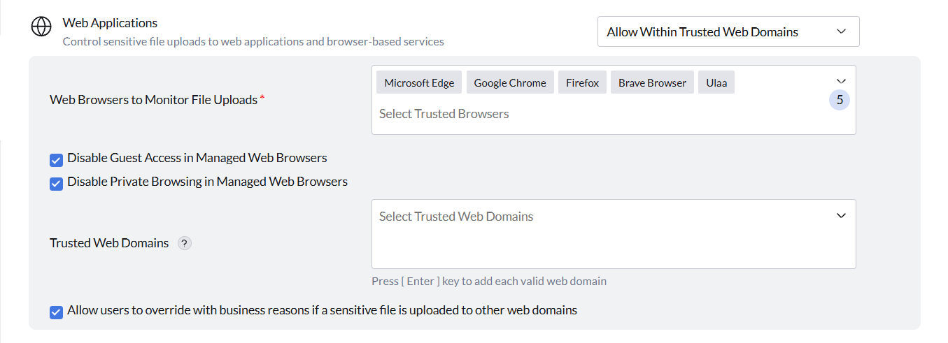 Web Applications Browser and Trusted Domains Web Applications browser and trusted domain settings showing browser selection and trusted domain list configuration