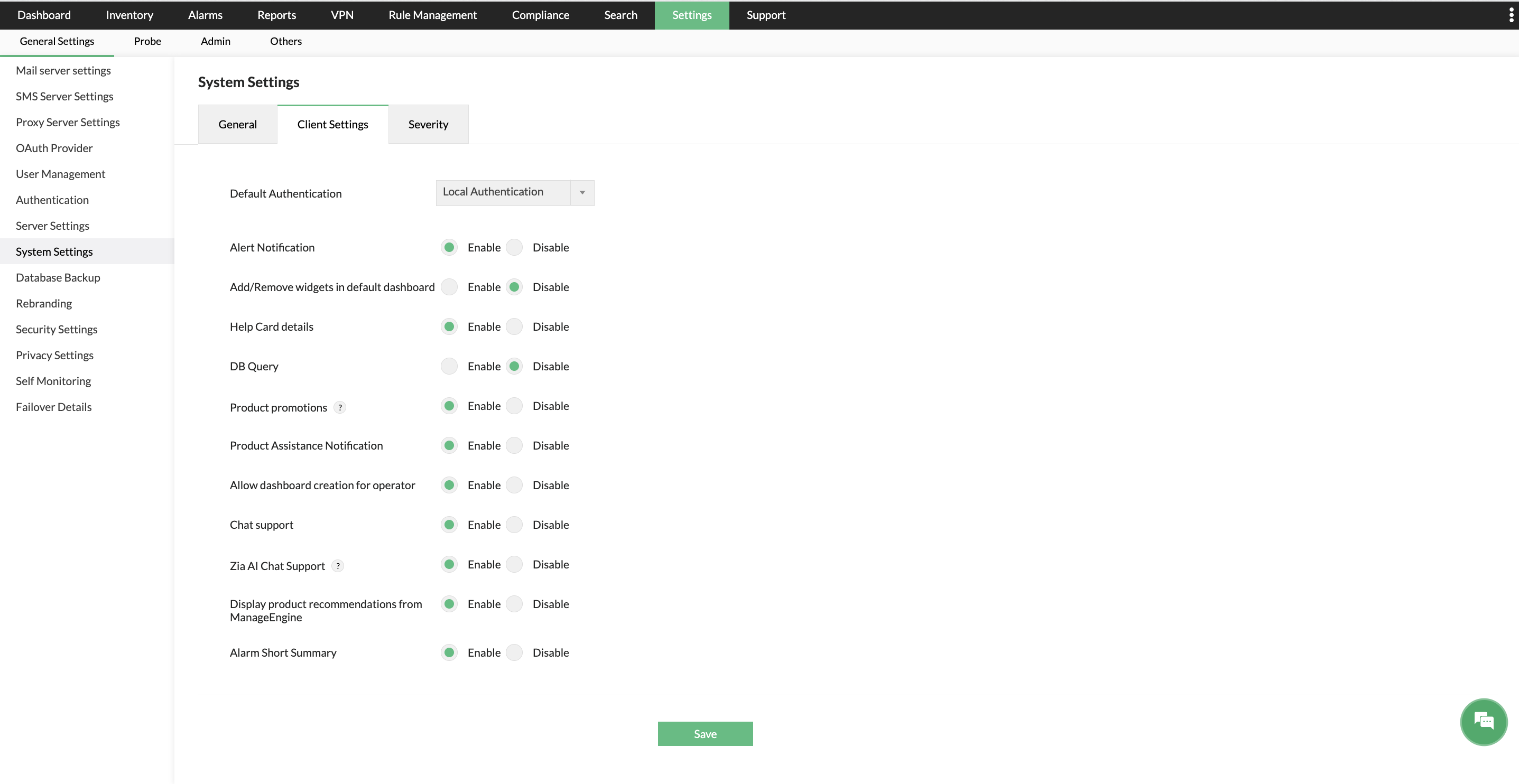 Screenshot of add-on alarms tabs (NFA, NCM, Firewall) under the Alarms tab in OpManager