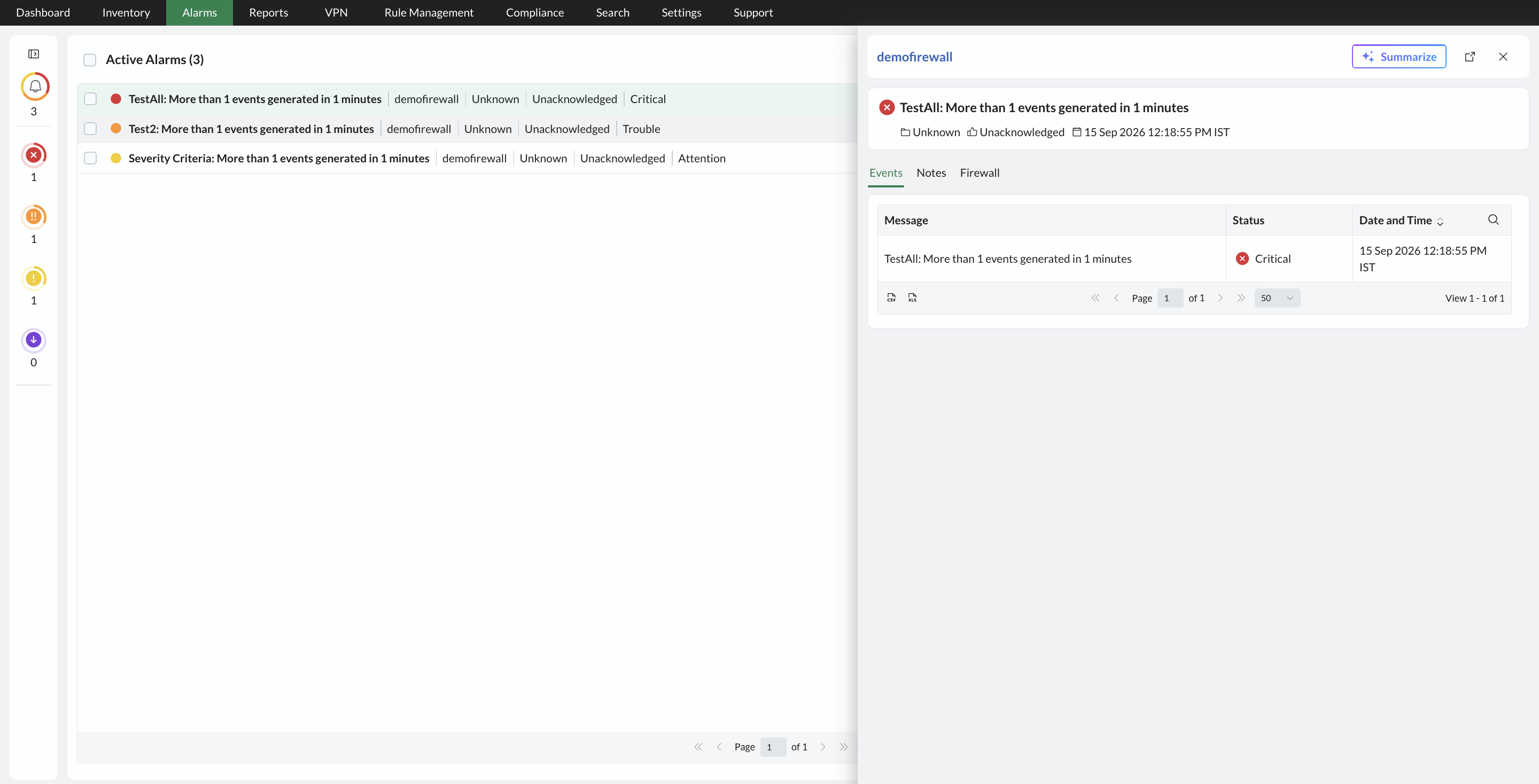 Screenshot of add-on alarms tabs (NFA, NCM, Firewall) under the Alarms tab in OpManager