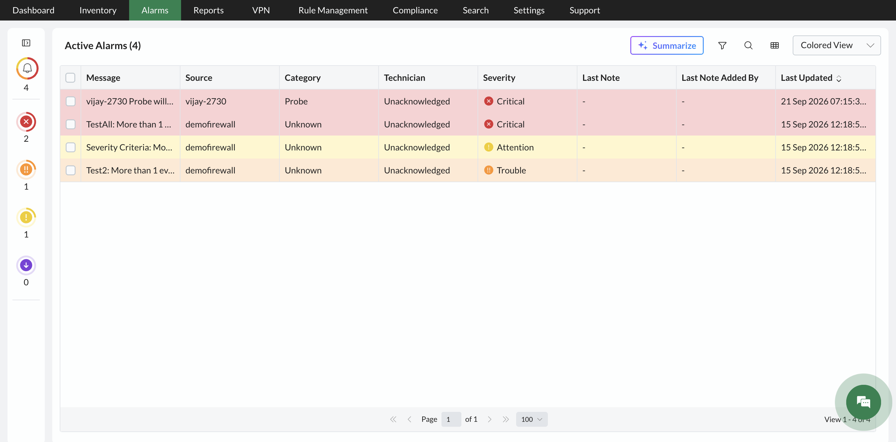 View Security and Bandwidth Alarms in Firewall Analyzer: Active alarms