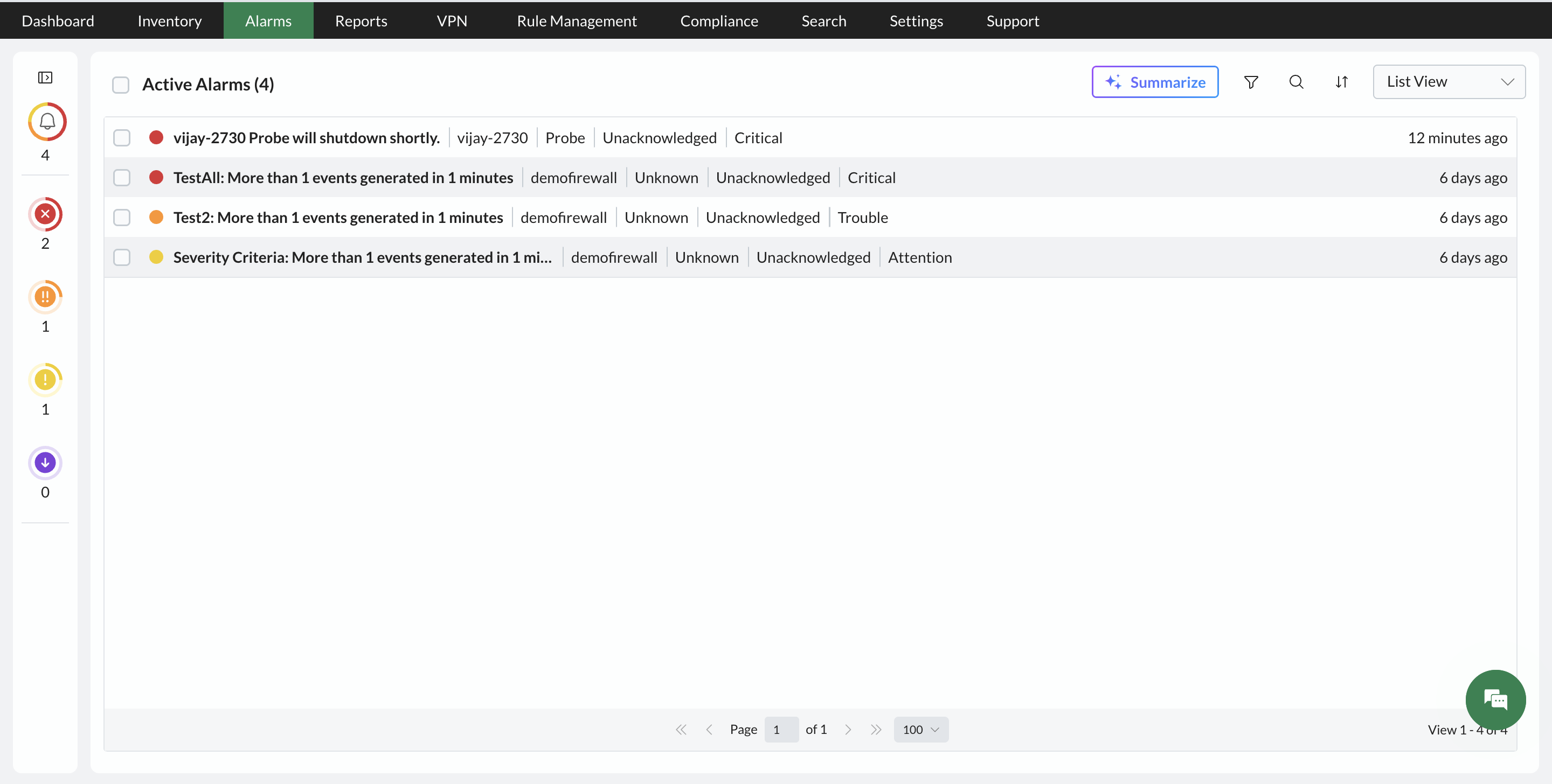 View Security and Bandwidth Alarms in Firewall Analyzer: Active alarms