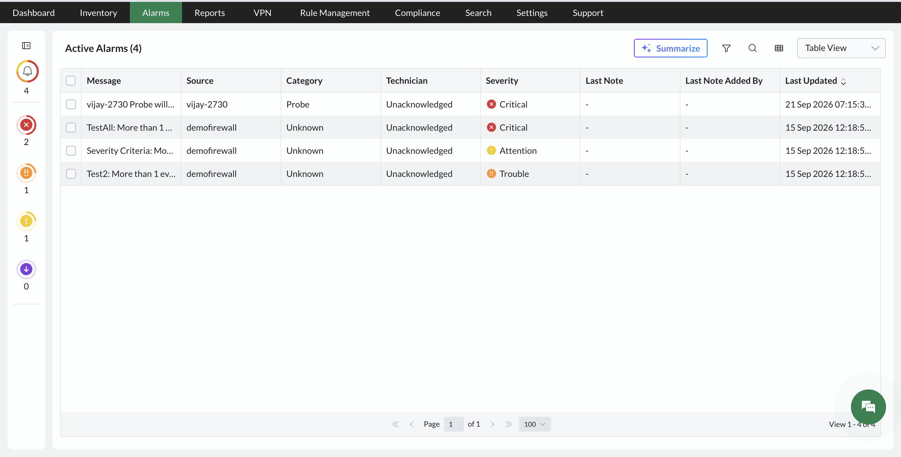 View Security and Bandwidth Alarms in Firewall Analyzer: Active alarms