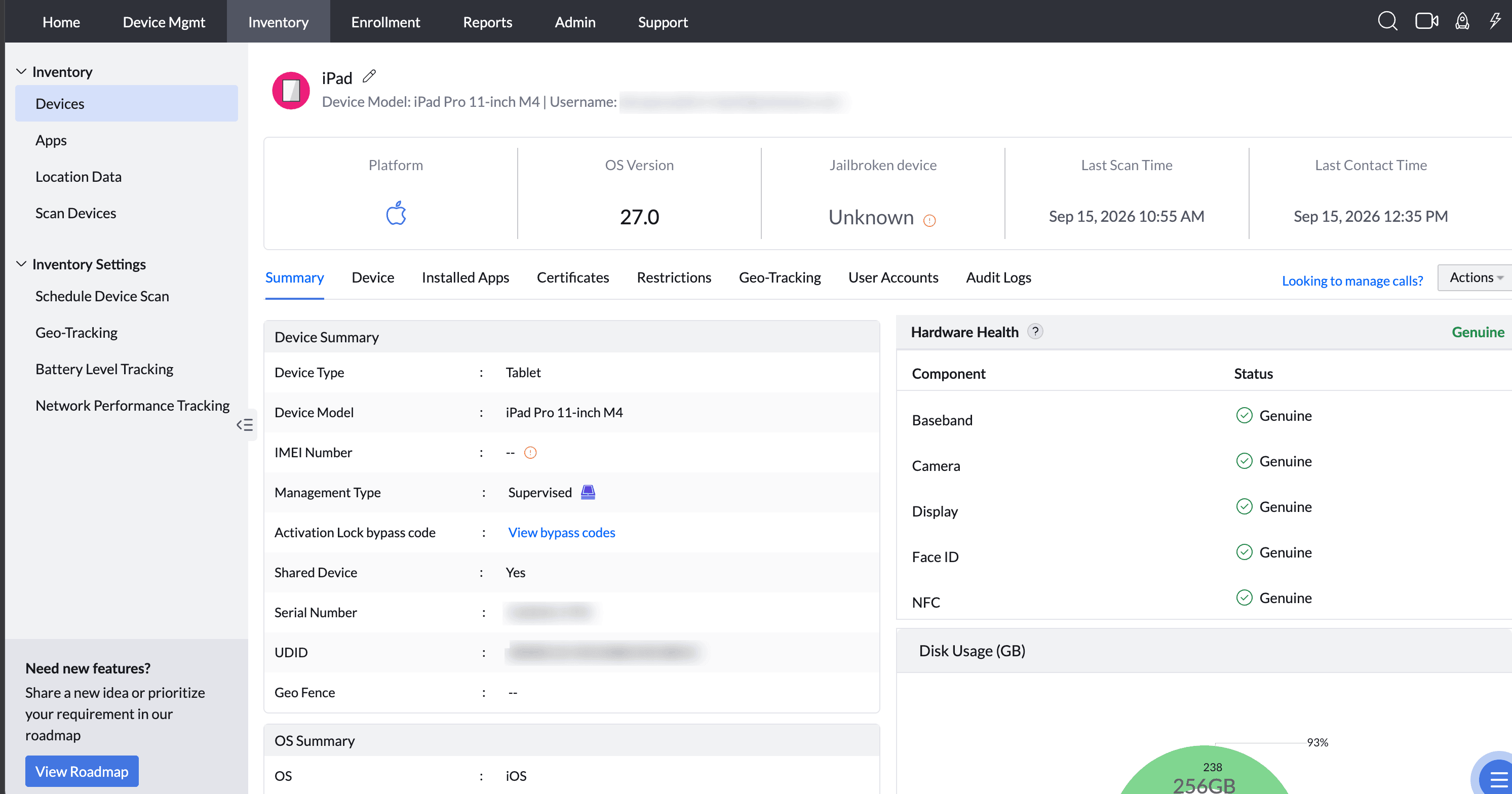 Hardware Health status for a managed iPad in ManageEngine MDM