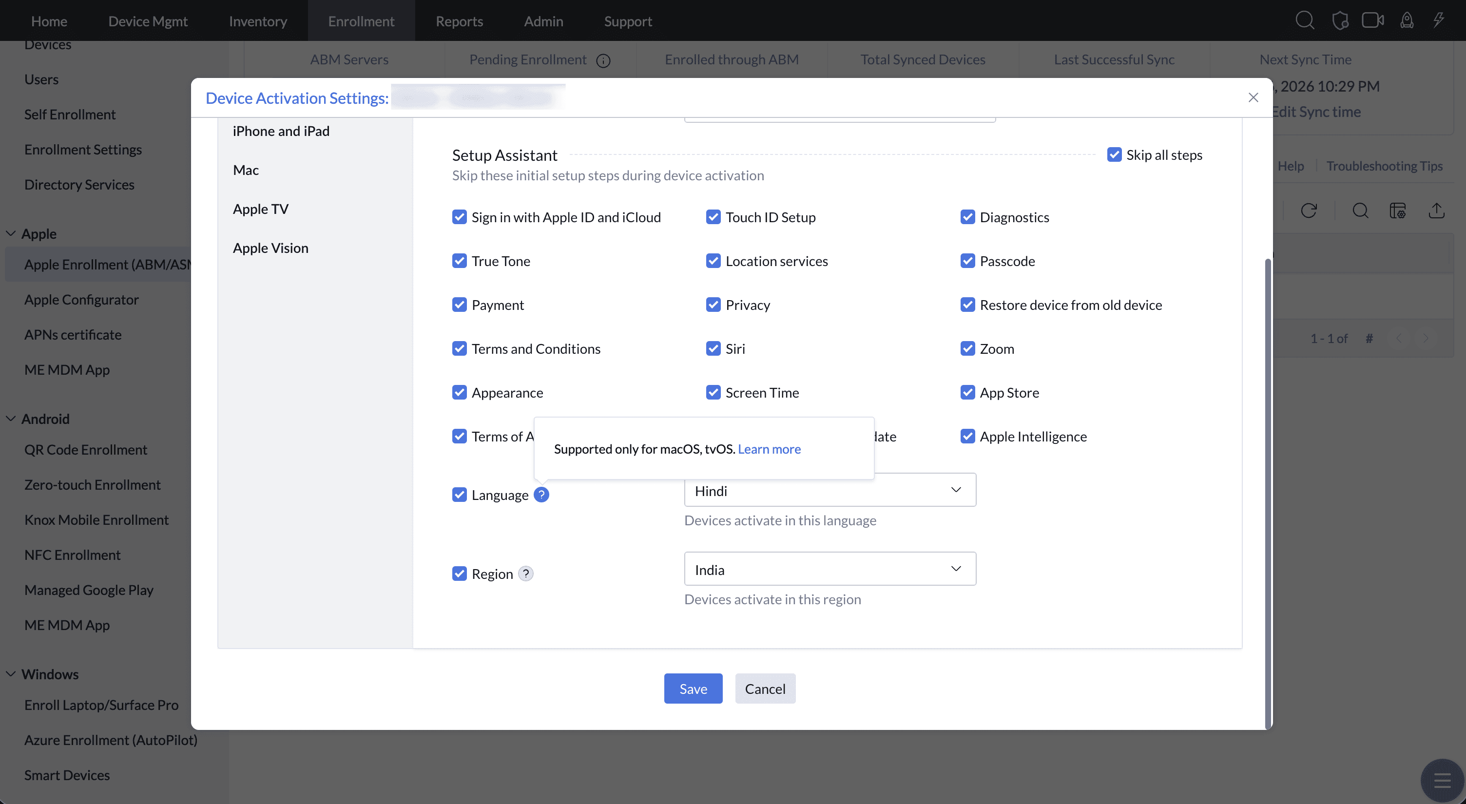 Device Activation Settings for language and region during ABM enrollment