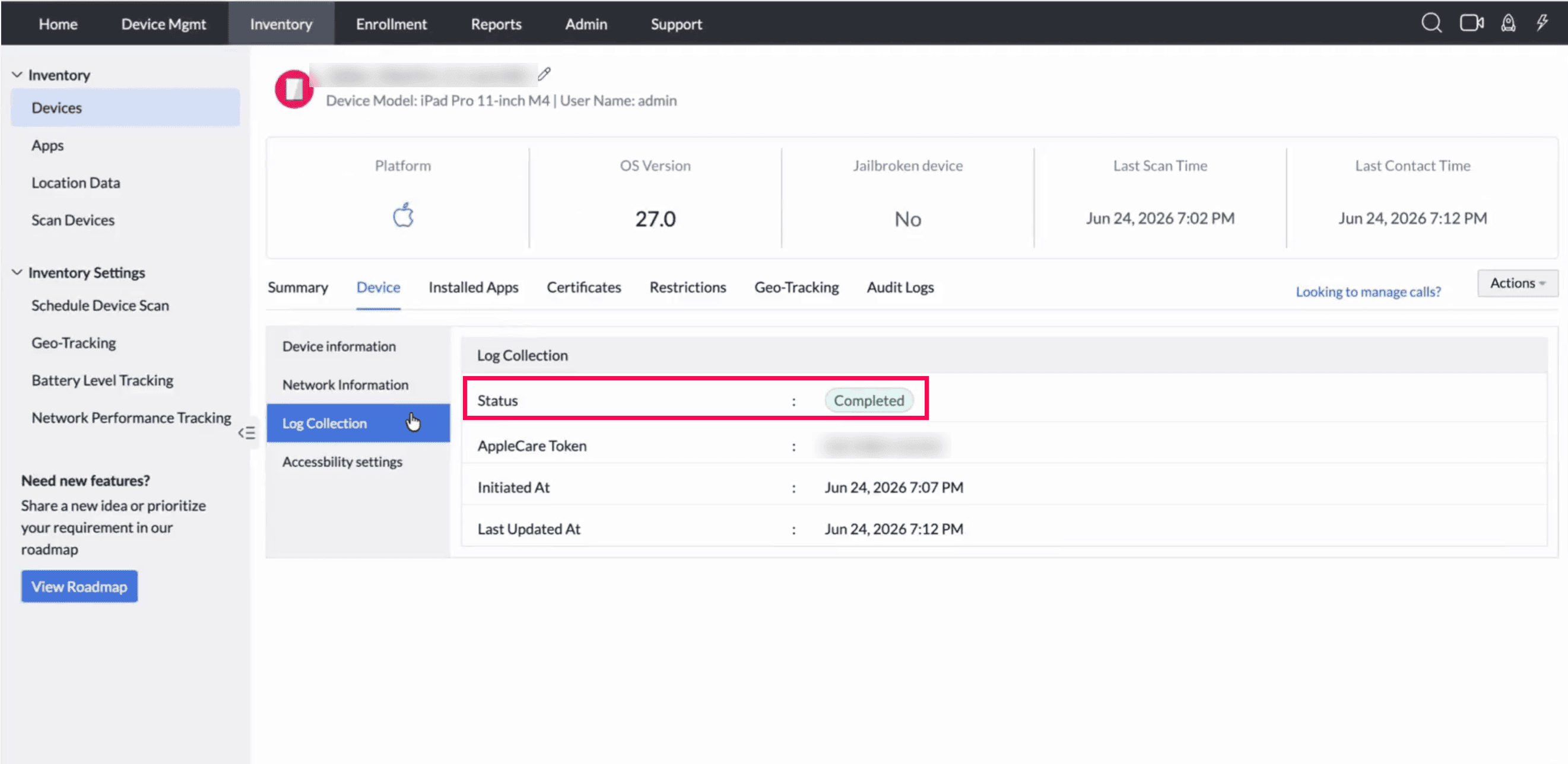 AppleCare log collection completed for a managed iPad