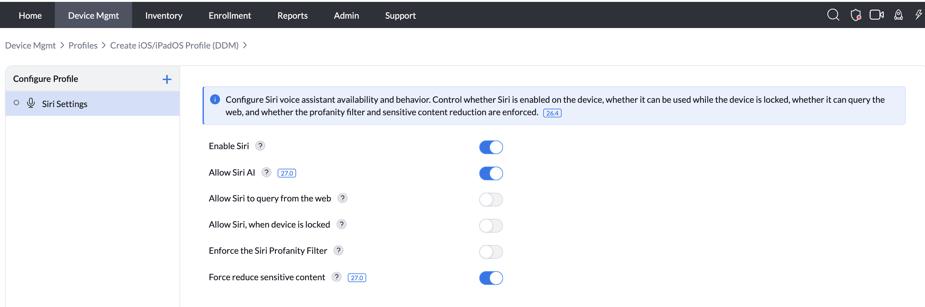 Siri AI and sensitive-content controls in a DDM profile