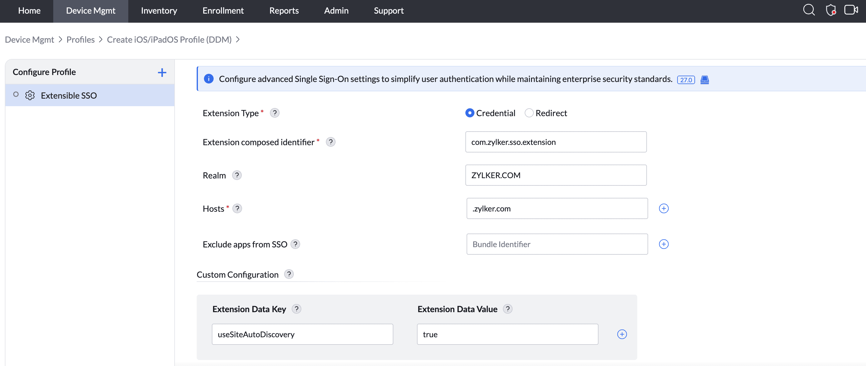 Extensible Single Sign-On settings in a DDM profile