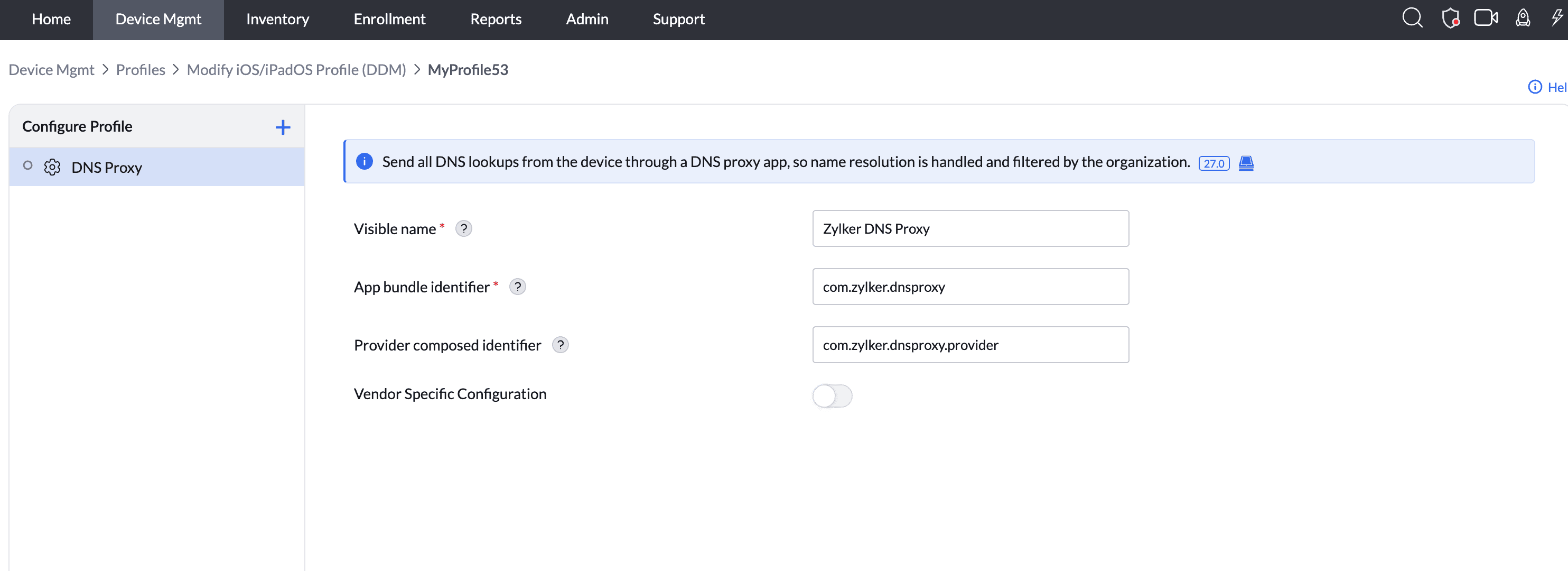 DNS Proxy settings in a DDM profile