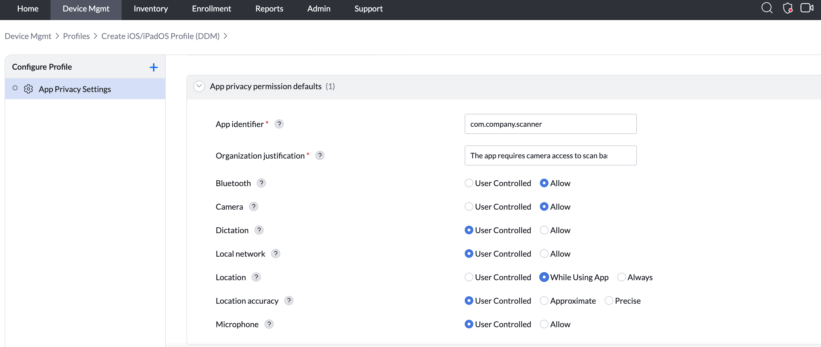 App privacy permission defaults in a DDM profile