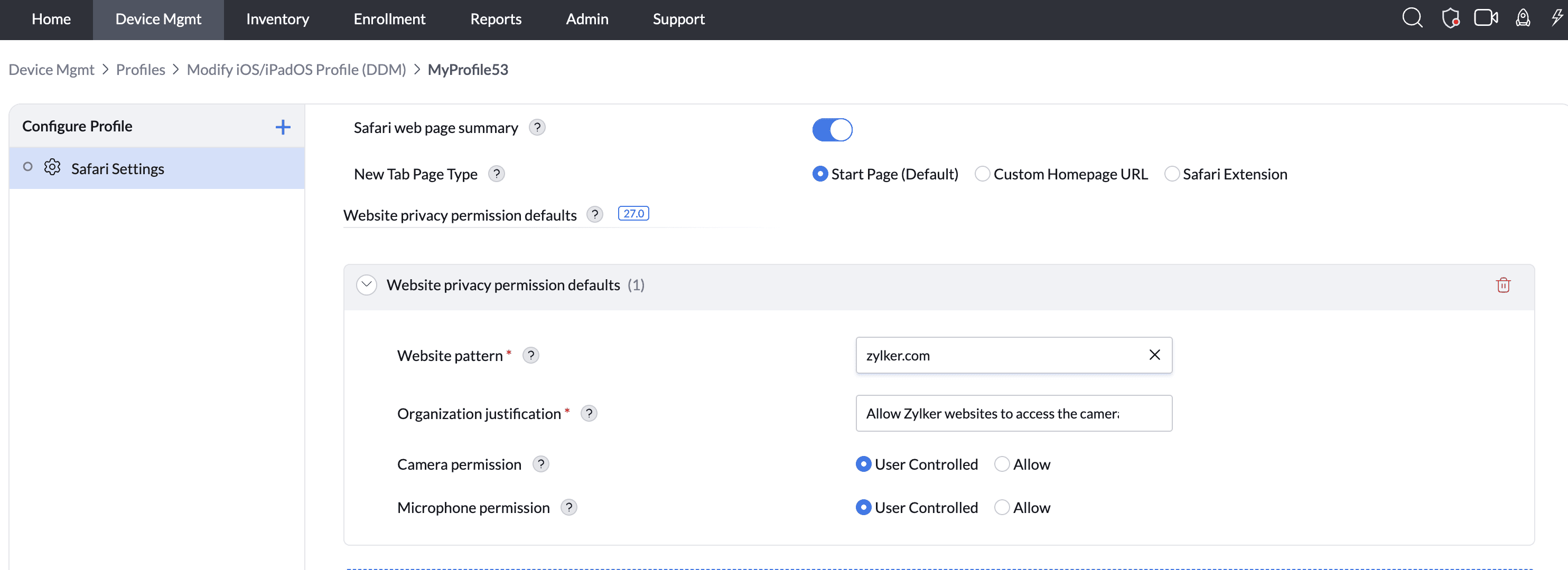 Safari website privacy permission defaults in a DDM profile