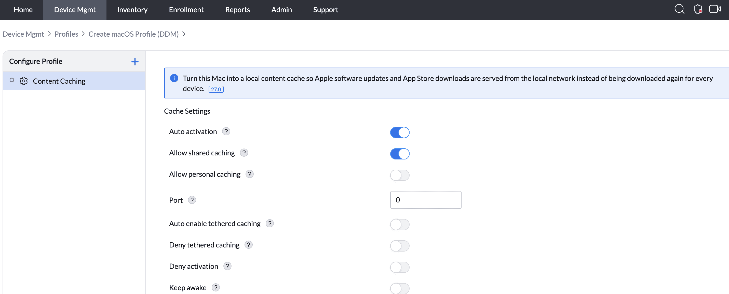 Content Caching settings in a macOS DDM profile
