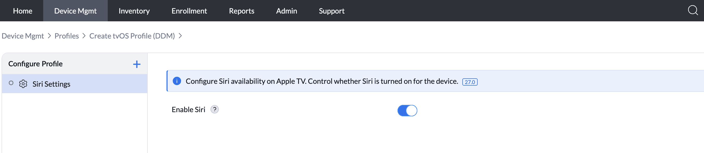 Siri settings for Apple TV in a tvOS DDM profile