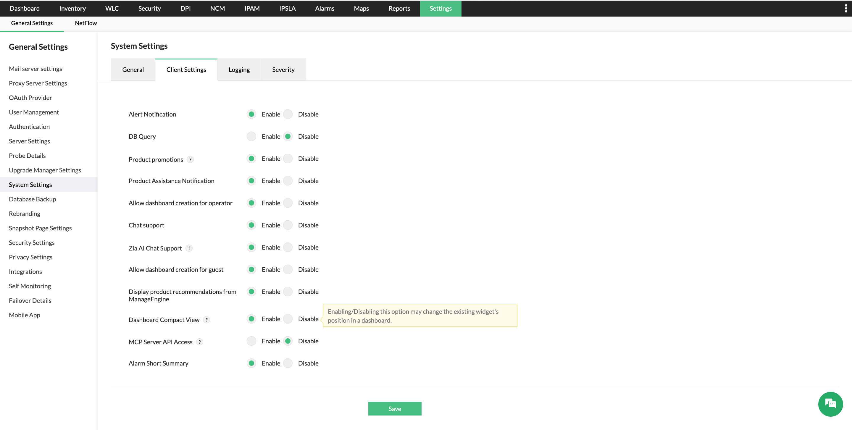 Add-on alarms in OpManager Screenshot of add-on alarms tabs (NFA, NCM, Firewall) under the Alarms tab in OpManager