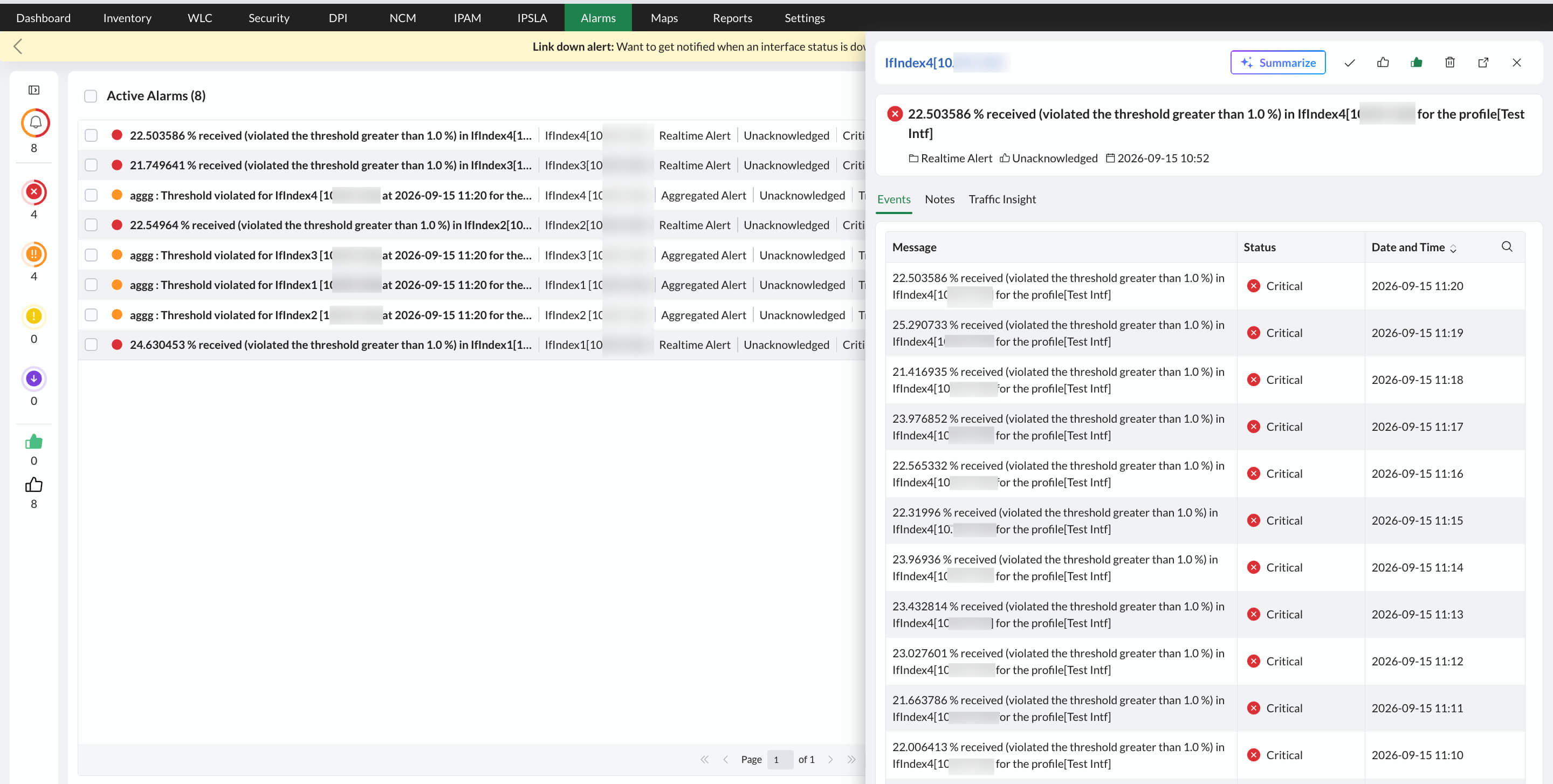 Add-on alarms in OpManager Screenshot of add-on alarms tabs (NFA, NCM, Firewall) under the Alarms tab in OpManager