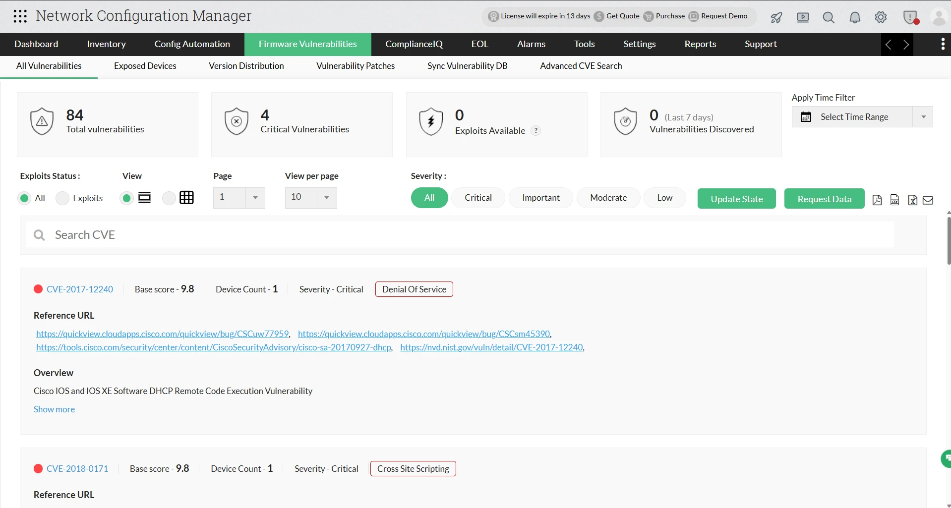 Network device vulnerability management | ManageEngine Network Configuration Manager Network device vulnerability management