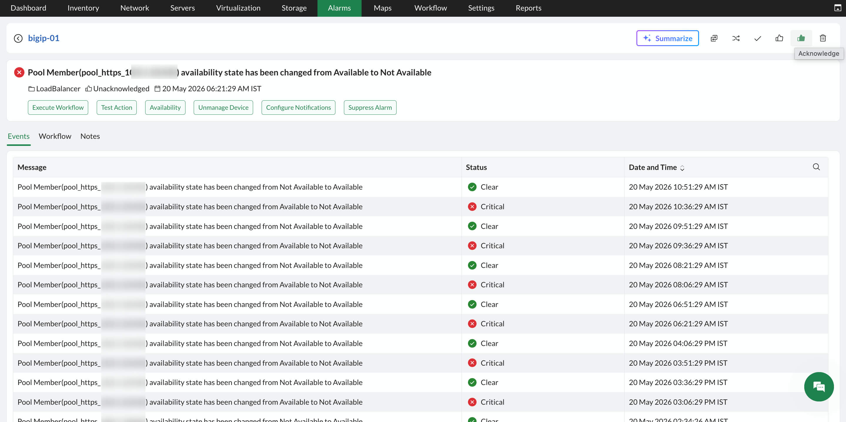 Alarms and notifications in OpManager: Alarm snapshot page