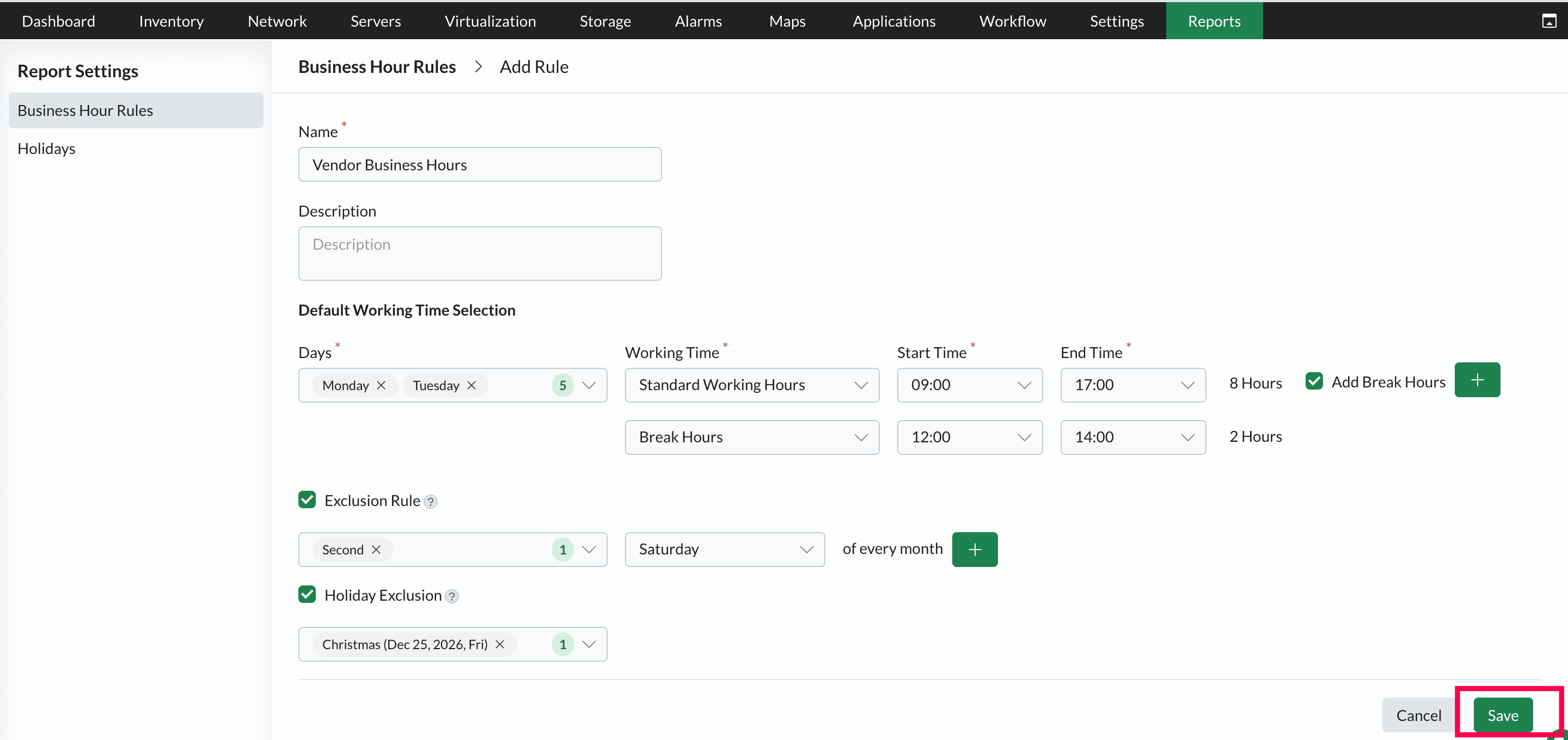 Business Hour Rules - ManageEngine Report settings in OpManager: Business Hour Rules