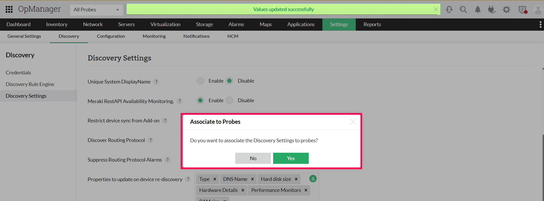 Associate_probe_opmanager Optimised features in OpManager to monitor large scale networks: All probes system setting page