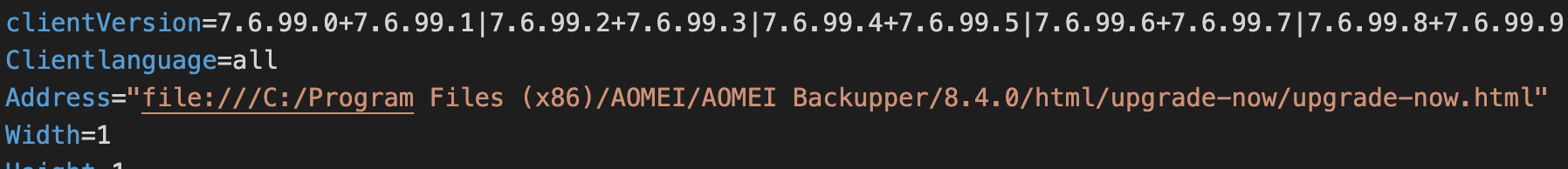 Notifycfg.ini pointing the pop-up at upgrade-now.html on the local disk through a file path inside the AOMEI installation directory