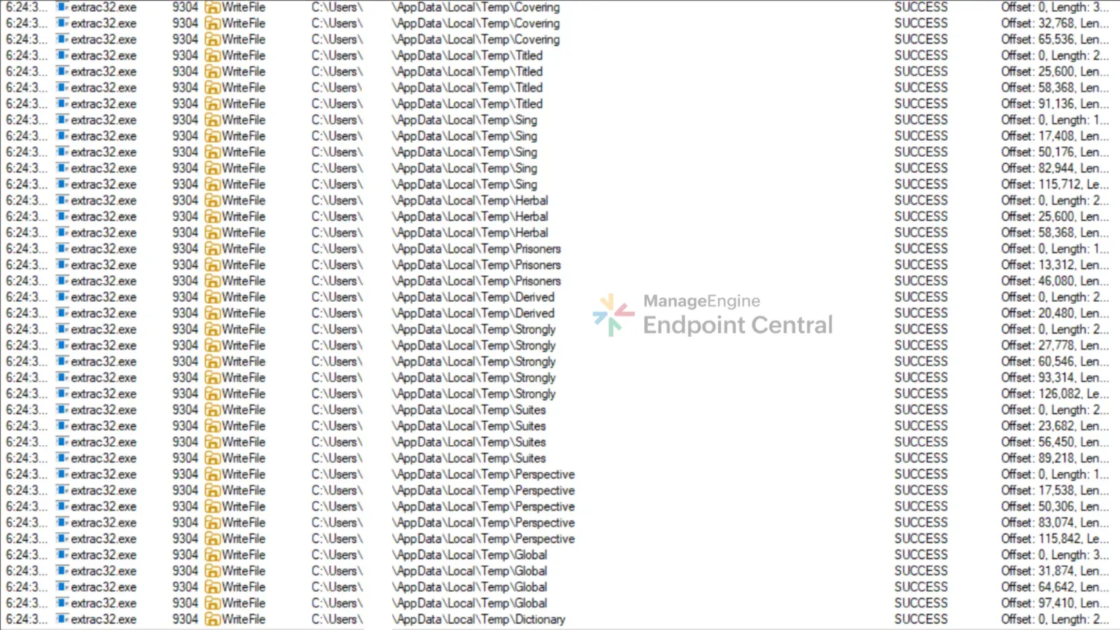 Process Monitor capture of extrac32.exe extracting the cabinet contents into the Temp directory