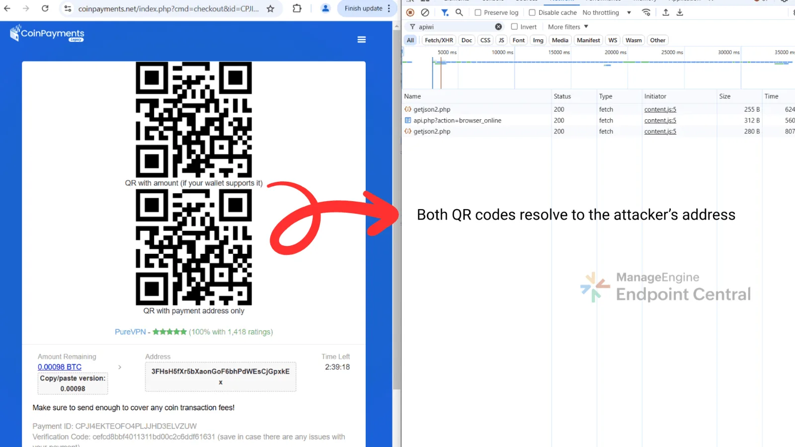 The same checkout after substitution, where both QR codes resolve to the attacker's address
