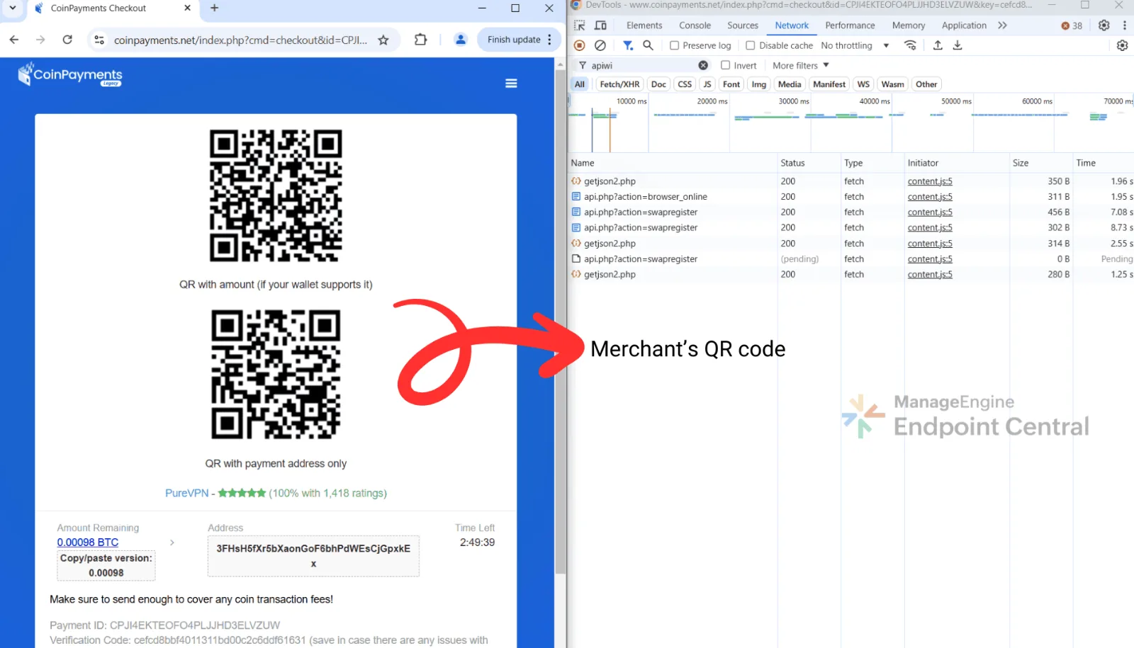 CoinPayments checkout showing the merchant's genuine payment QR code before substitution