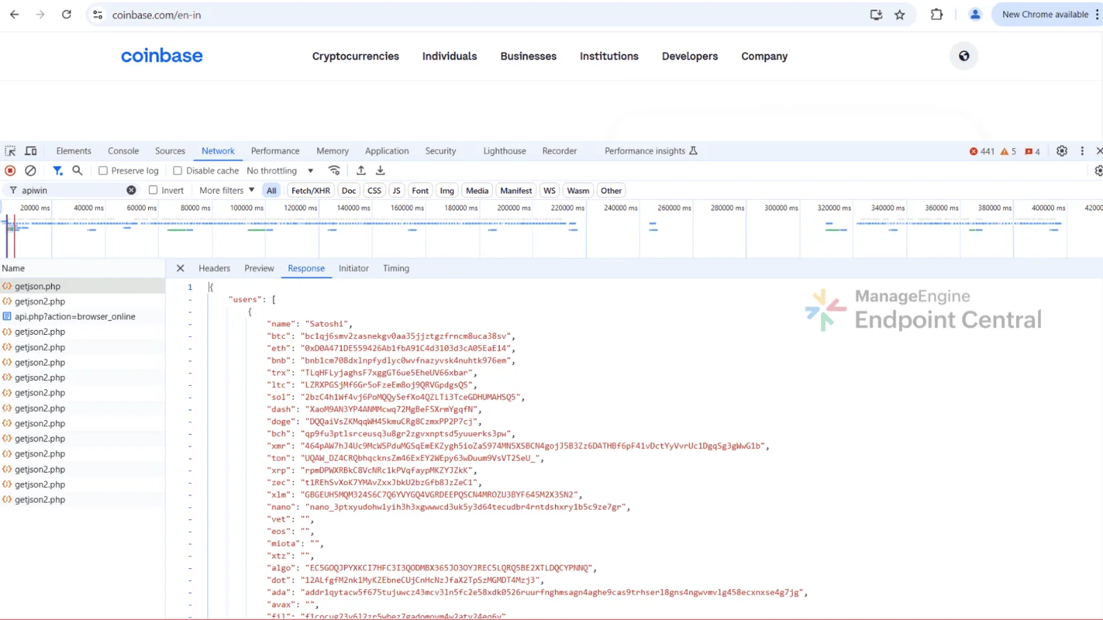 DevTools response showing the JSON payload of attacker wallet addresses returned for cryptocurrency sites
